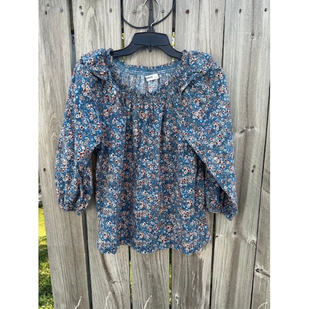 Cottagecore Boho Sonoma Floral Blouse M Blue Smocked Ruffle Peasant Top